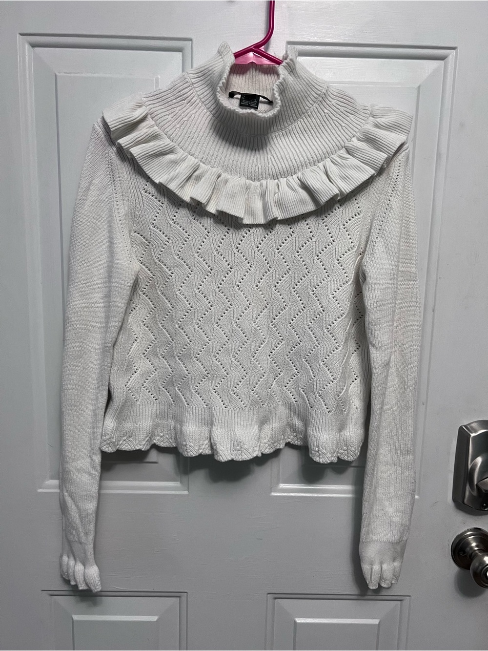 French Connection Kamillia Mozart Sweater  L White Ruffle Mock Neck 100% Cotton